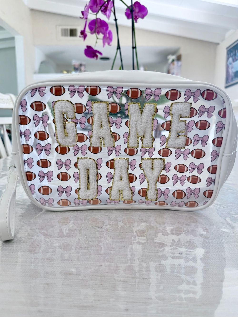 Clear 'GAME DAY' Wristlet with Pink Bow & Football Print